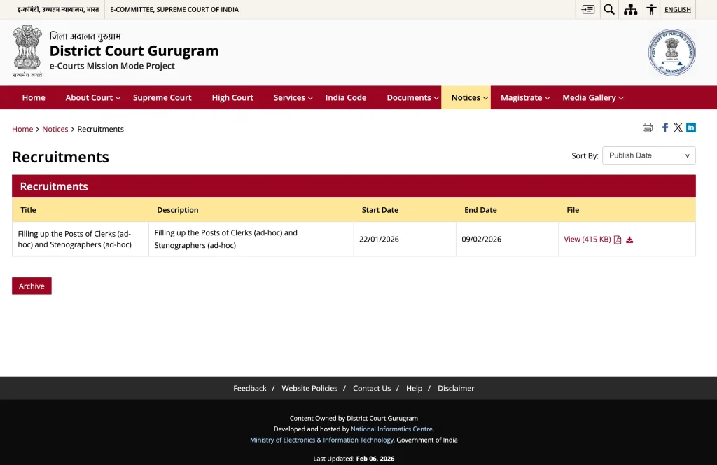 Gurugram Court Peon Recruitment 2026